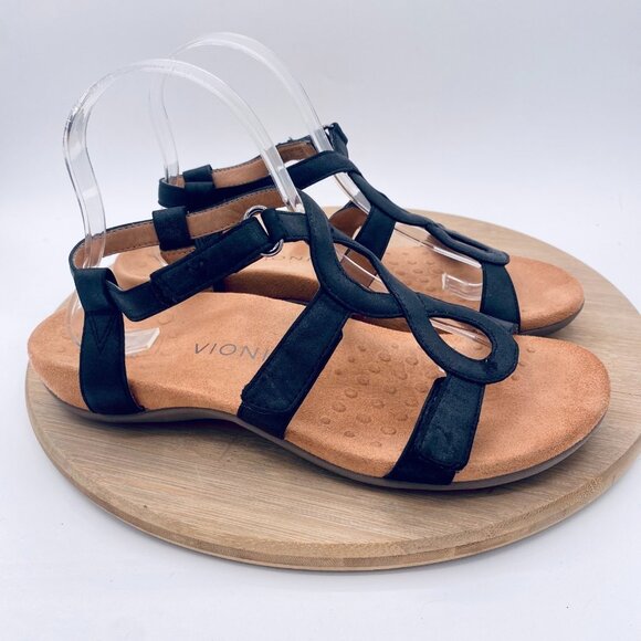 Vionic Jodie Sandals Womens 8 Black Leather Orthopedic Strappy Flats - Picture 1 of 10